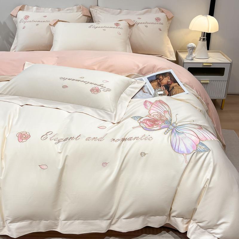 高端00支长棉四件套绒棉蝴蝶刺绣被套全棉床单XMJ-TY00床笠纯款床