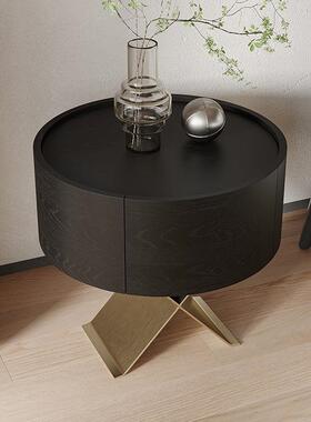 意极简烟熏色床高头柜端卧室圆形床实木边柜储物柜创意轻式奢9663