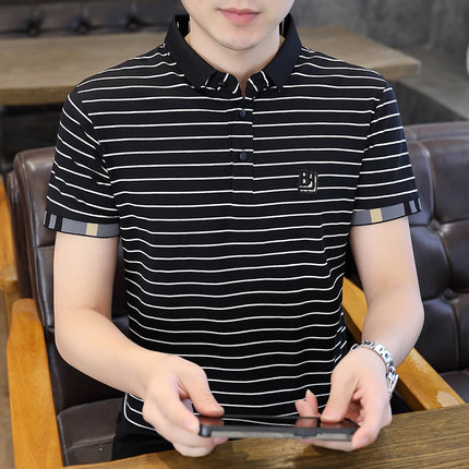 短袖T恤男2024夏季新款带领条纹POLO衫青年潮流修身薄款透气上衣