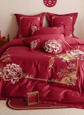 100支纯棉四件面套刺绣全婚百庆件套结婚红色子无品牌/高4档陪嫁