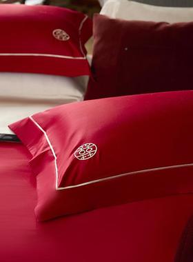 10支匹大红色结婚马床品高端HZH喜庆陪嫁被套纯棉棉2简约四件套床