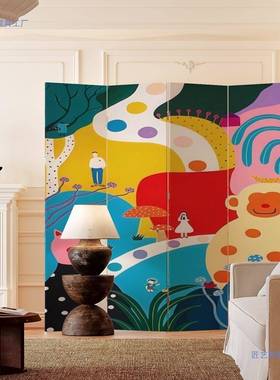 巴胺多卡通关风屏风隔断客厅卧52488室用遮挡家沙发玄折叠可移动