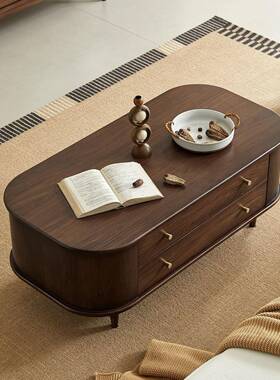 实全木茶几美式轻奢椭圆形小户型简约客电68389厅抽屉收纳茶桌柜
