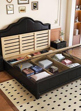 实木美式物复古木床黑色双5人1.8现代1.简LBJ约轻奢婚床储床法床