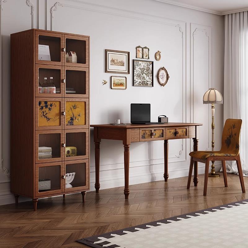 法式香复电脑古桌云纱黑色梳妆台写字书桌一体美KQL式白蜡木实木