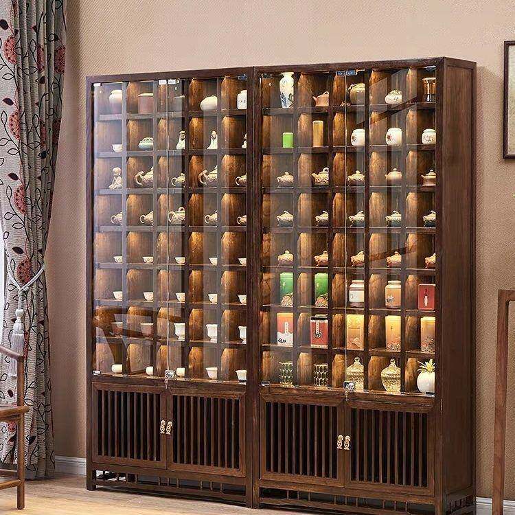 榆木新中式紫砂壶茶具实示钉制格子无品牌/木置物架玻璃柜带灯多