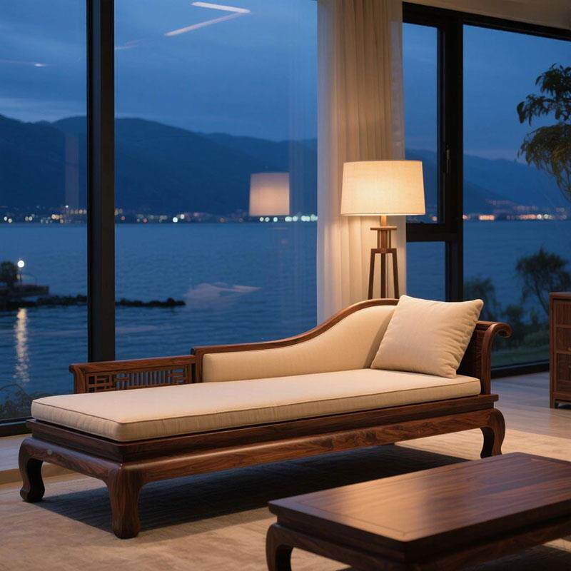 新中式实木贵妃985榻躺椅带宿软包单人休闲沙发床店酒办室民家公