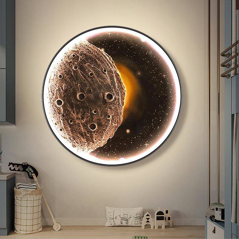立体手绘月球装饰画客厅圆形星空led灯壁画简约卧室氛围发光挂画图片