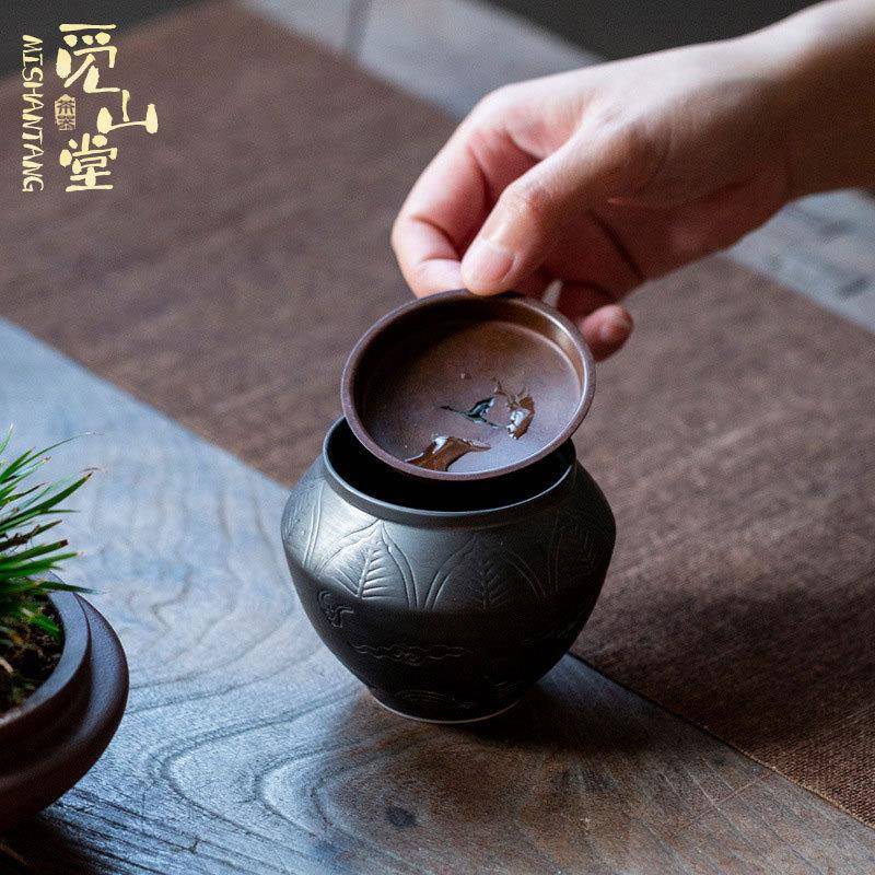 觅山堂日式墨黑绿茶洗建水家用复古陶瓷茶渣缸杯洗创意黑色储水
