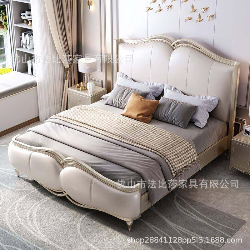 美式实木轻奢头层牛真皮1.8米床雕花香槟银法式主副卧室奢华大床
