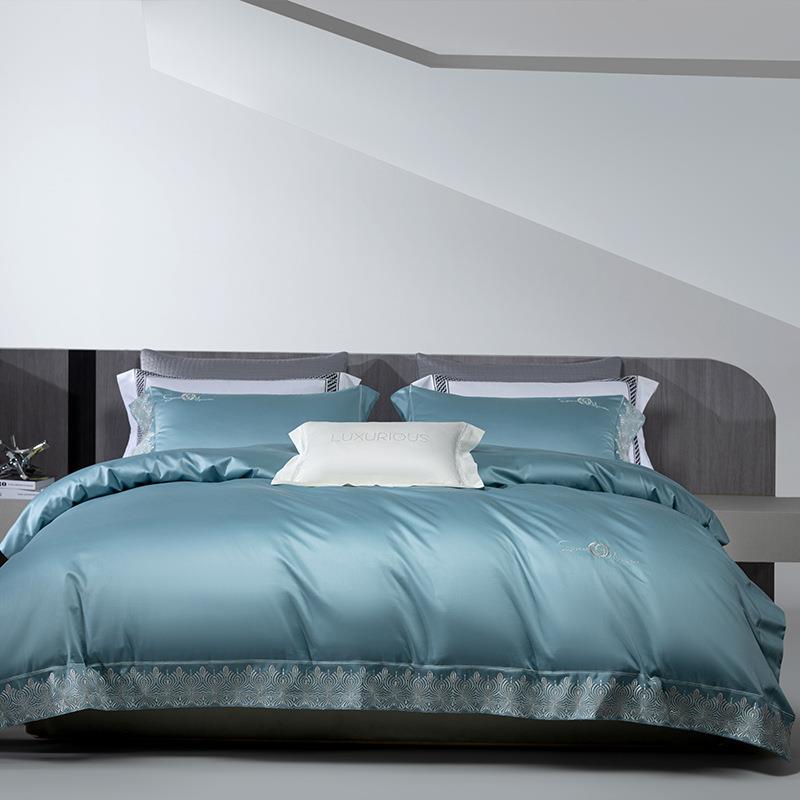 高端新品160支长绒棉绣花四件套简约全棉刺绣宽边被套床品轻奢