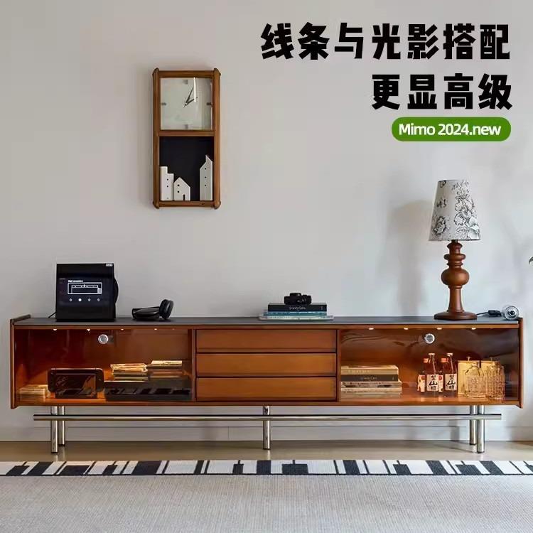 北欧实木电视柜家用小户型岩板不锈钢收纳落地柜客厅复古储物柜