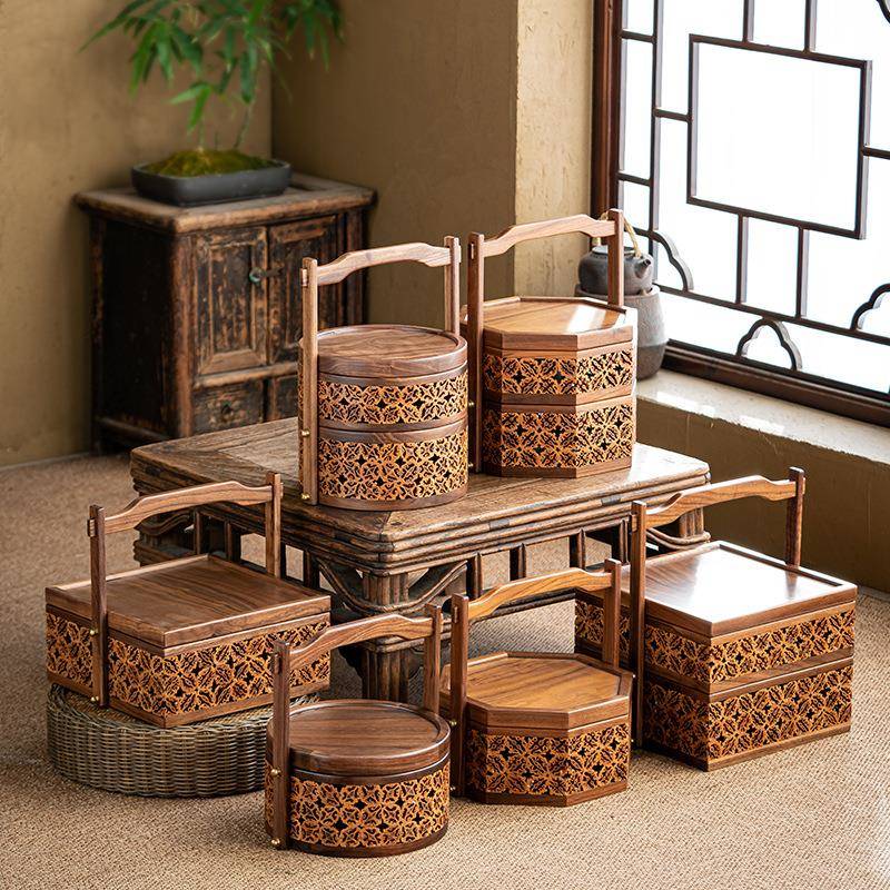 中式点心提盒胡桃木茶具收纳盒防尘户外野餐提篮漆器食盒多层手提