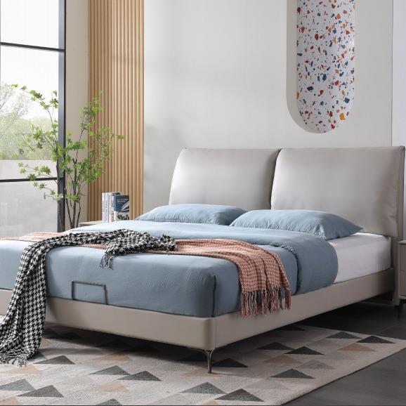 意式极简小象耳朵真皮床小户型卧室北欧现代风格双人软包床