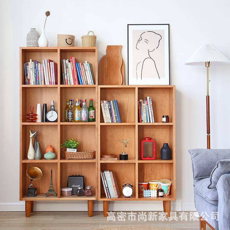 日式实木书架简约展示多格置物架北欧白橡木书柜落地樱桃木收纳柜