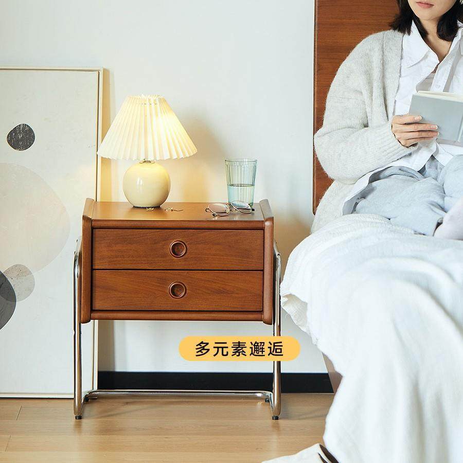 北欧实木床头柜家用小户型不锈钢双抽收纳储物柜卧室复古床头边柜,基础建材,脚轮/万向轮,淘宝优惠券,粉丝福利购,淘宝优惠卷