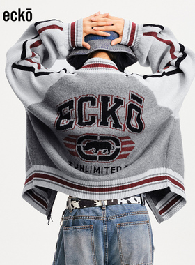 ecko红犀牛  复古撞色毛衣开衫外套女2025冬季新款加厚保暖针织衫