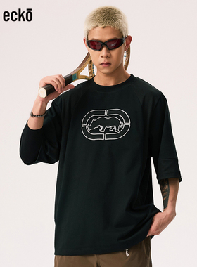 ecko红犀牛 短袖t恤男2025新款夏季贴布绣拼接圆领黑色青少年上衣