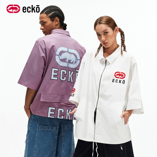 ecko红犀牛  刺绣宽松美式翻领短袖衬衫男女2026夏季新款情侣外套