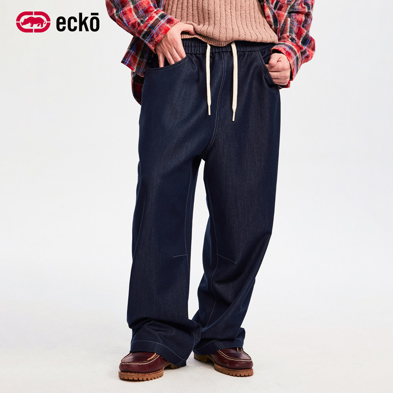 ecko红犀牛  深蓝色阔腿直筒宽松抽绳刺绣牛仔裤2025秋季新款长裤