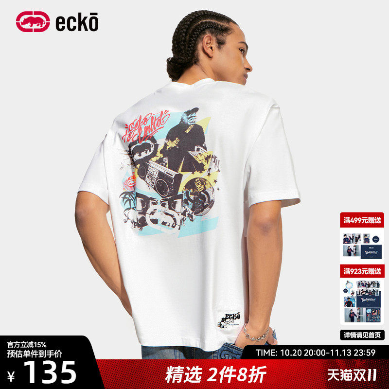 ecko红犀牛印花刺绣全棉短袖t恤