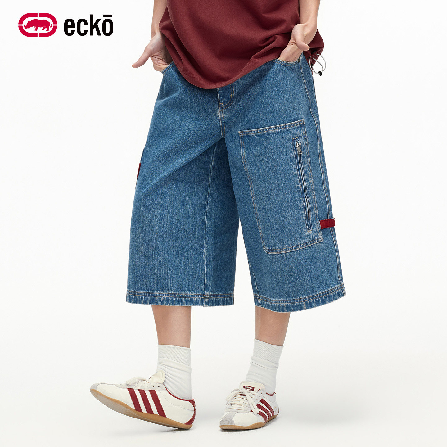 ecko红犀牛 美式多口袋丹宁七分牛仔裤男女2026春季新款学生裤子