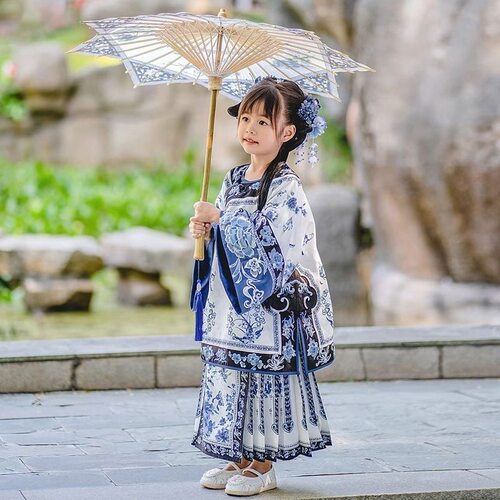 女童改良清汉格格服旗装宫廷长袖儿童汉服氅衣马面裙古装亲子新款