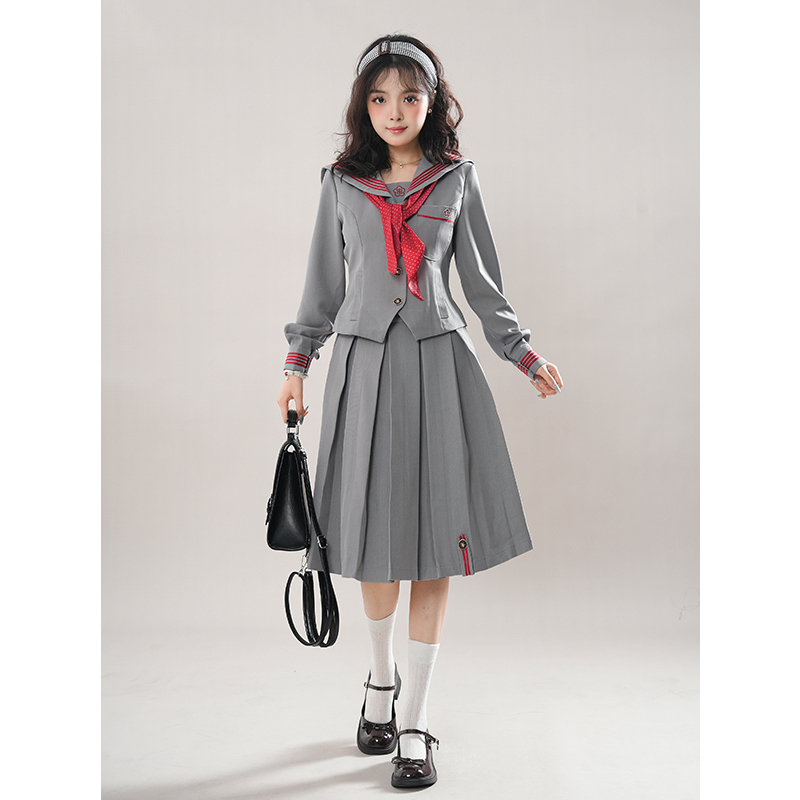 碎碎念水玉 红格子领结水手服上衣+百褶半裙套装2025新款小个子女