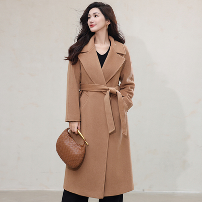 悦戎女士冬季气质翻领秋冬羊绒大衣中长款系带呢子外套带里衬