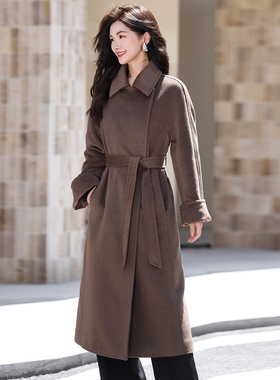 悦戎温莎公主带里衬纯山羊绒大衣中长款宽松加厚紫绒100%羊绒外套