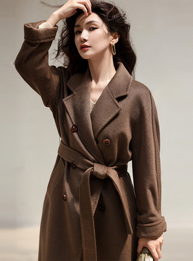 悦戎带里衬紫绒纯羊绒大衣女中长款加厚毛呢外套女经典101801