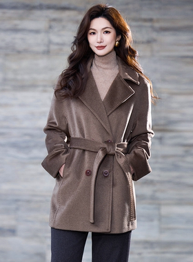 悦戎带里衬紫绒100%山羊绒大衣女小个子宽松加厚双排扣短款外套