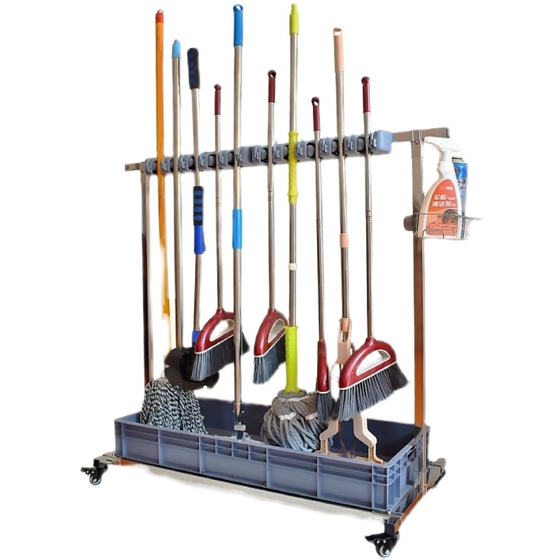 落地式拖把架不锈钢清洁工具卡夹可移动置物架双排加固扫把收纳架