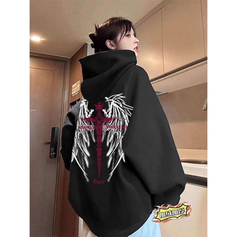 美式高街十字架翅膀印花连帽卫衣