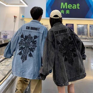 大码300斤欧美高街十字架牛仔外套男女秋冬潮牌宽松情侣工装夹克2