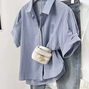 300斤大码 男女设计感小众polo衬衣休闲上衣 条纹刺绣正肩短袖 衬衫