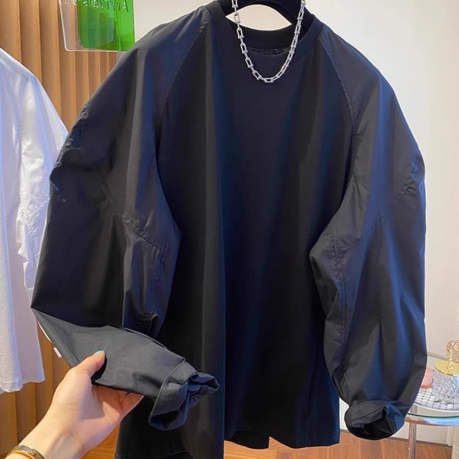 特大码300斤蝙蝠袖拼接卫衣男女装秋季宽松休闲插肩长袖衬衫上衣2