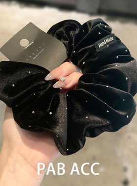 韩国复古时尚百搭黑色丝绒水钻肥肠圈丸子头花绑发圈侧低马尾头饰