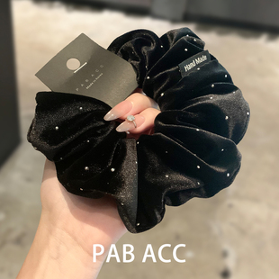 韩国复古时尚百搭黑色丝绒水钻肥肠圈丸子头花绑发圈侧低马尾头饰