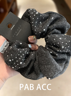 韩国复古毛呢灰色烫钻大肠发圈气质扎马尾头绳高级感超大弹力发饰