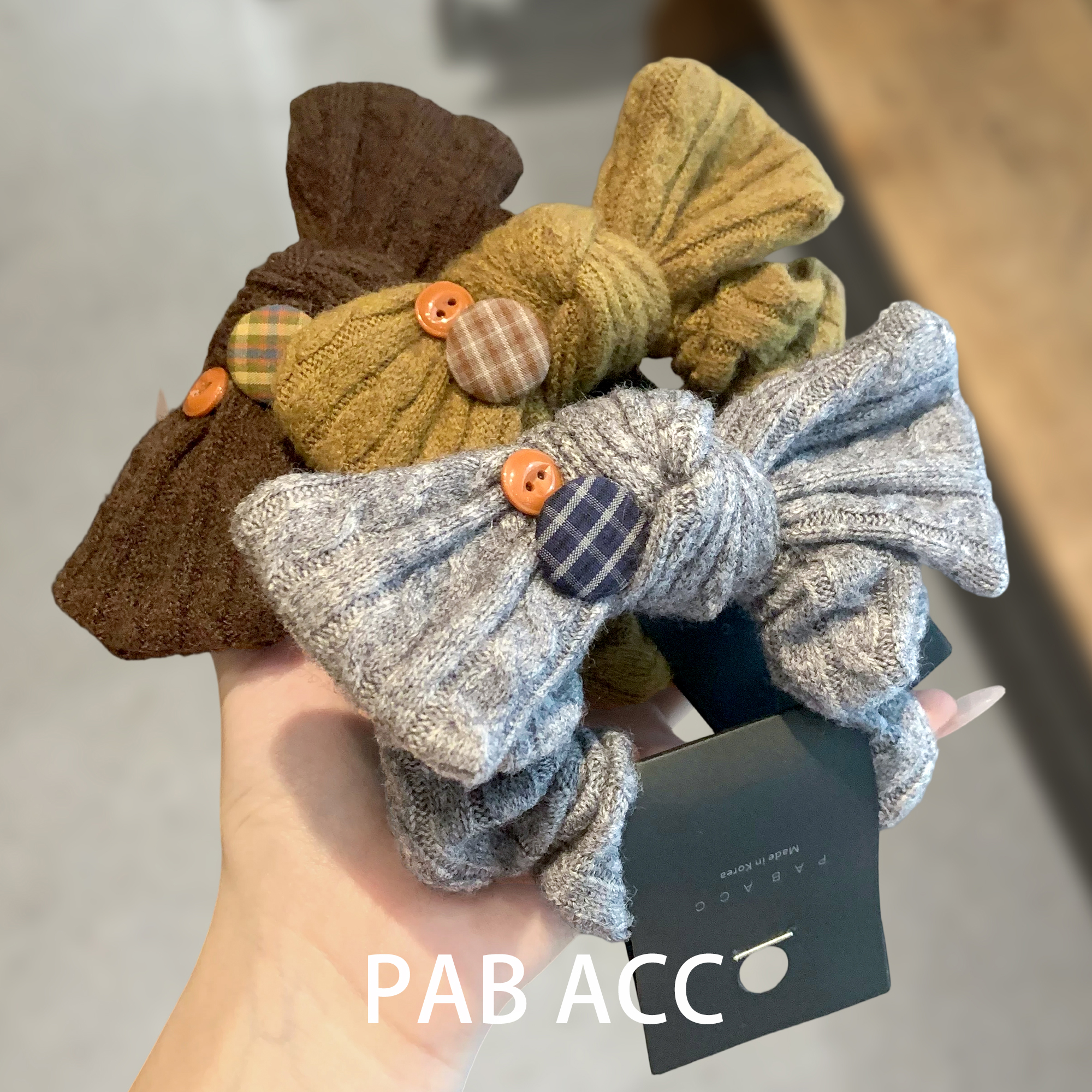 韩国秋冬复古格子纽扣蝴蝶结针织毛线发圈甜美扎马尾头绳弹力皮筋