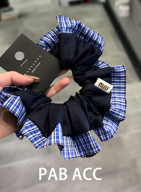 韩国东大门文艺少女撞色格纹褶皱肥肠圈藏蓝色显白高级感发圈头饰