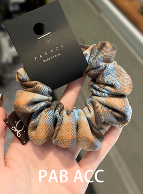 韩国少女学院风咖蓝撞色褶皱小肠圈丸子头花低马尾绑发圈耐用皮筋