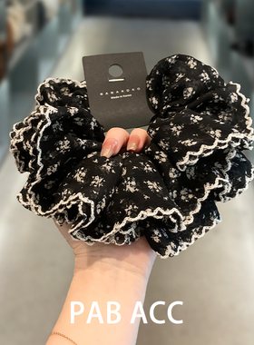 复古高端韩国洋气黑白撞色小碎花褶皱肥肠圈四层立体花边头绳皮筋