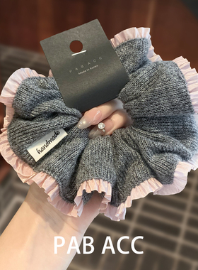 韩国减龄精致少女心针织荷叶边肥肠圈纯色侧低马尾绑发圈弹力皮筋