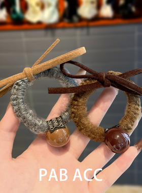 韩国简约新款毛线珠珠蝴蝶结发绳扎低马尾发饰发圈高弹力耐用皮筋