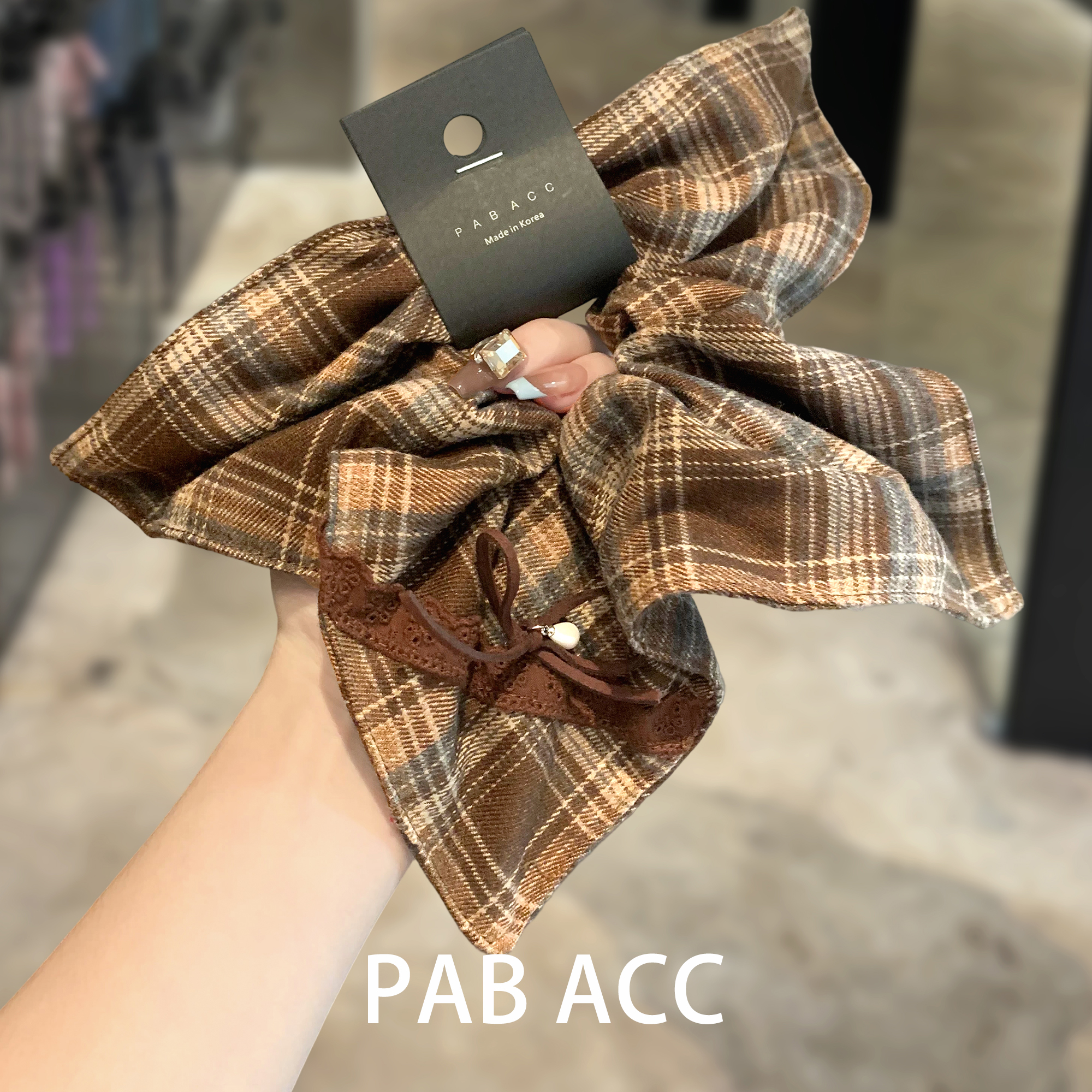 韩国复古秋冬学院美拉德格纹蝴蝶结发圈蕾丝边高级感方巾发饰皮筋