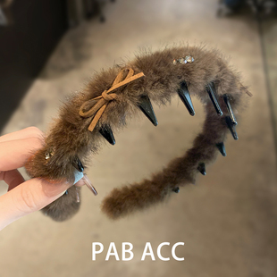 韩国新款软糯毛绒丝带蝴蝶结闪亮水钻发箍防滑齿倒梳咖色头箍发捆