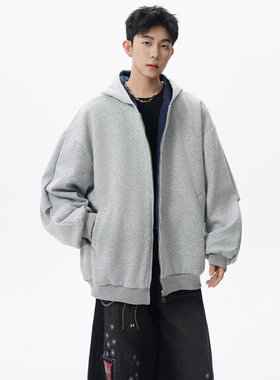 SHAPOES春秋季男生美式重磅撞色休闲卫衣男士宽松开衫连帽外套