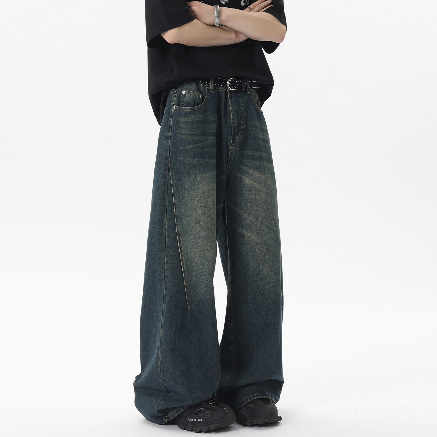 SHAPOES春秋季男生美式阔腿水洗牛仔裤男士高街直筒宽松休闲长裤